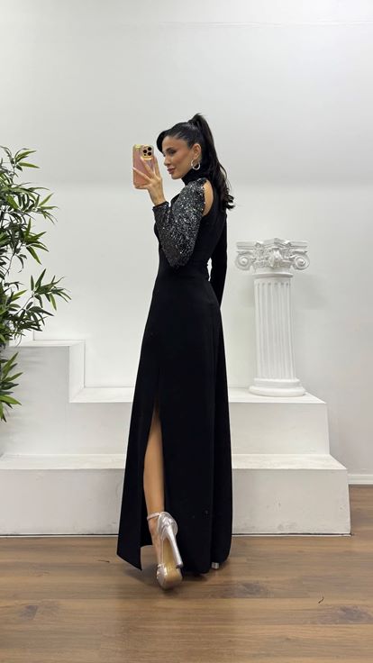 Siyah Asimetrik Payet Kol Özel Tasarım Abiye Elbise